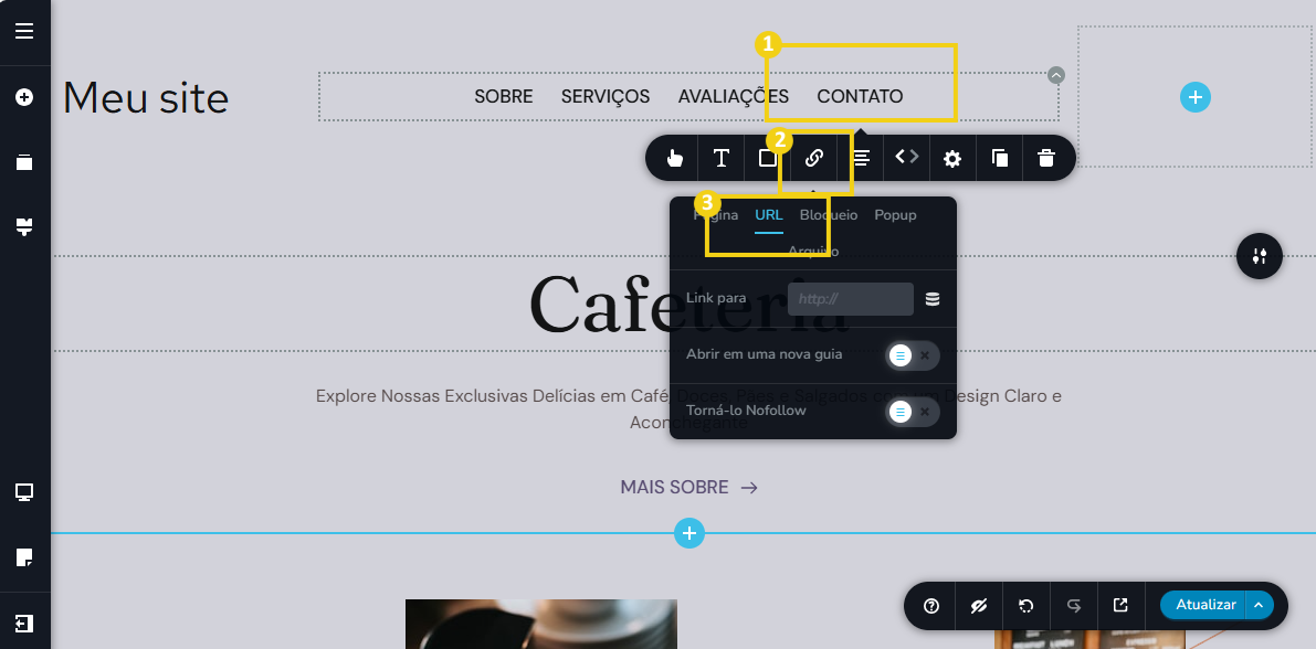 Imagem mostra a tela do editor do Criador de Sites com a marcação no item de menu, que abre a barra de ferramentas, com marcação na aba "URL"