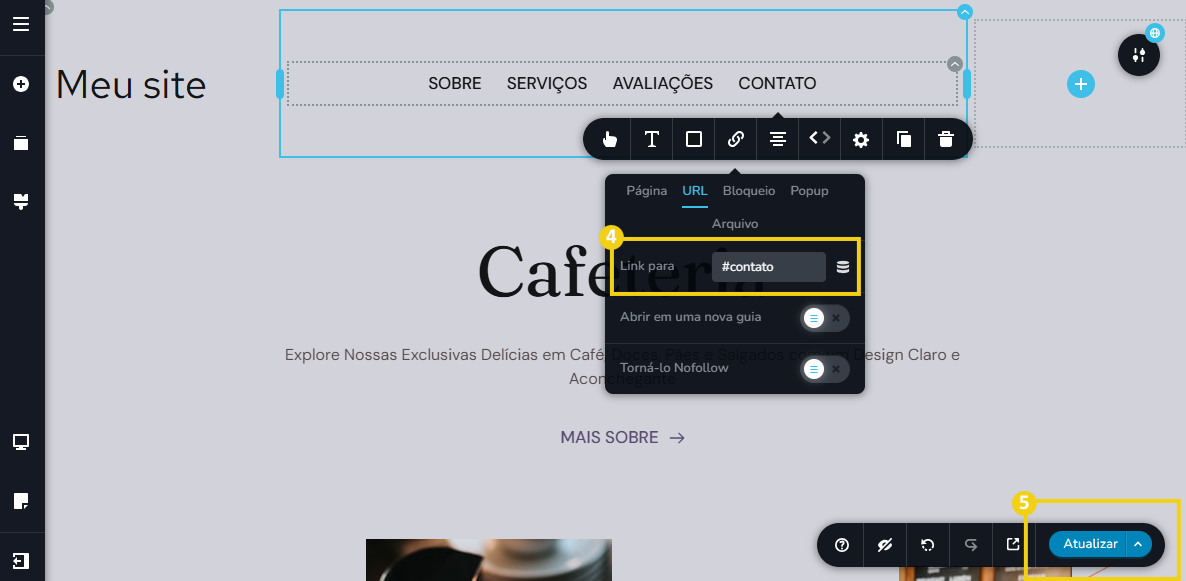 Imagem mostra a tela do editor do Criador de Sites com a marcação no campo para adicionar o ID criado junto com # e marcação no botão para salvar "Atualizar"