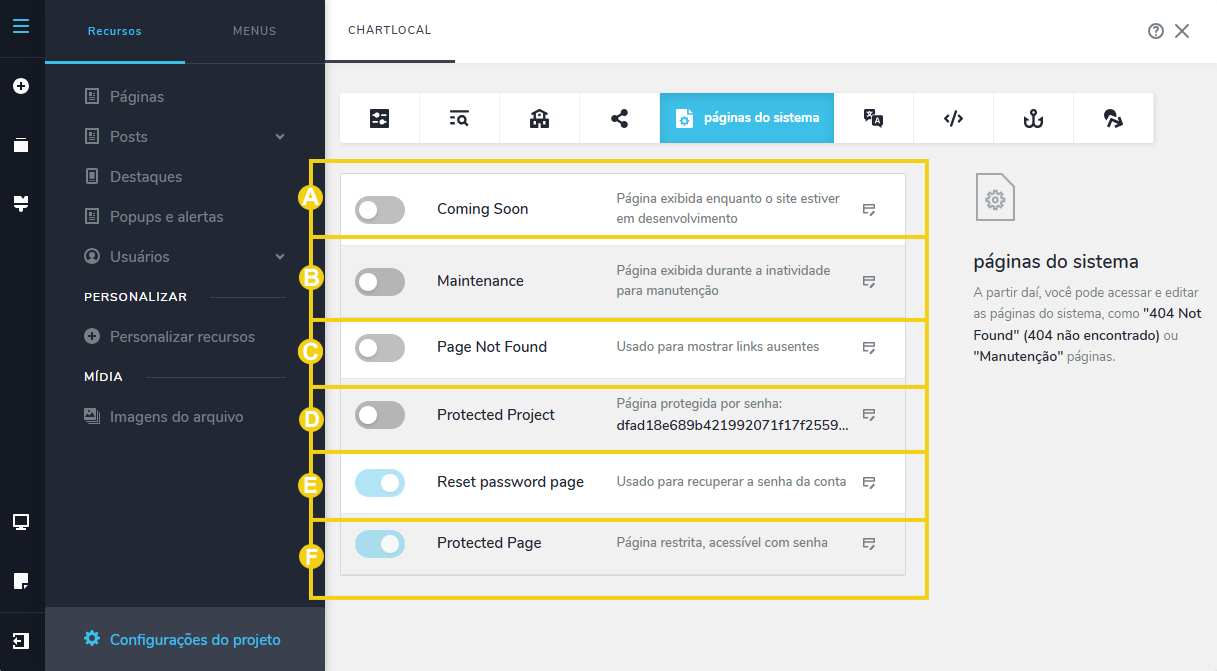 Imagem mostra a tela do editor do Criador de Sites com a marcação nas páginas do sistema disponíveis