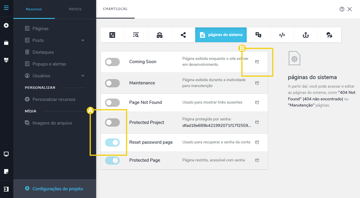 Imagem mostra a tela do editor do Criador de Sites com a marcação nos botões que representam a página ativada e desativada e a marcação no ícone de lápis para editar