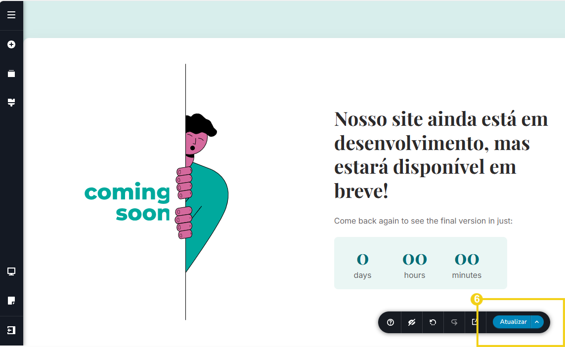 Imagem mostra a tela do editor do Criador de Sites com a marcação no botão "Atualizar" para salvar as alterações feitas