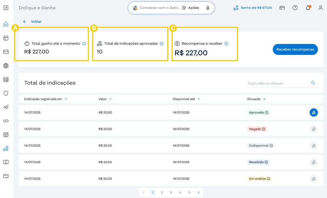 Imagem do gerenciamento do programa Indique e Ganhe, destacando as informações de ganhos e indicações