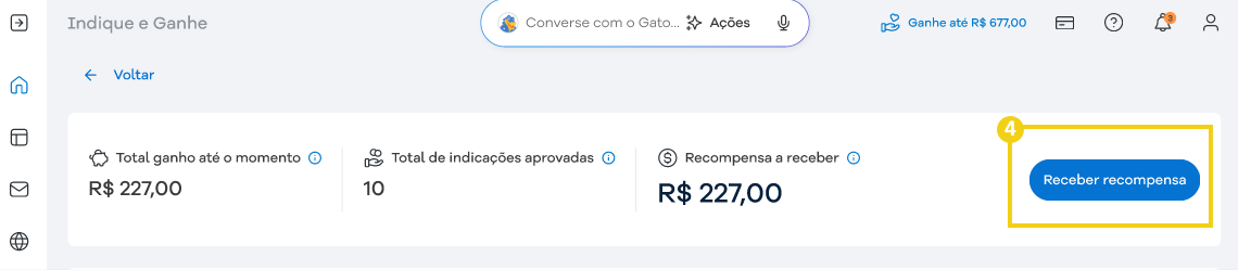 Imagem do gerenciamento do programa Indique e Ganhe, destacando o botão "Receber recompensa"