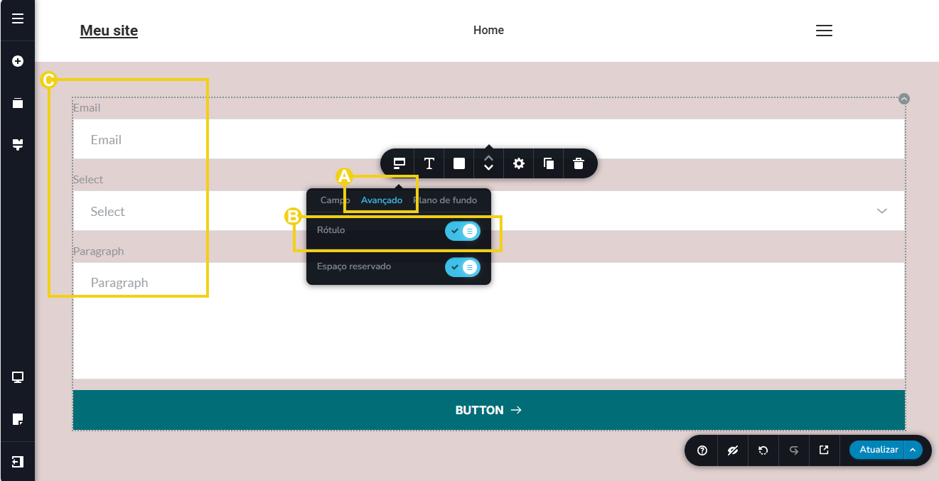 Imagem mostra a tela do editor do Criador de Sites, com marcação na aba "Avançado", disponibilizada na barra de ferramentas para que possa ativar a opção rótulo, que permite abrir os campos no formulário para adicionar os títulos