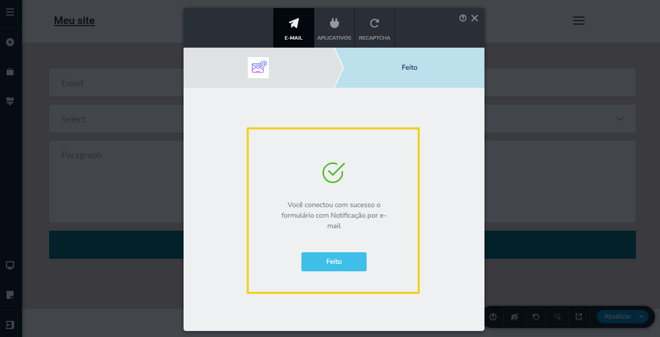 Imagem mostra a tela do editor do Criador de Sites, com marcação na tela que apresenta o botão de "Feito"