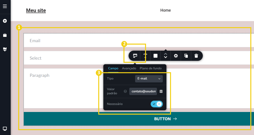 Imagem mostra a tela do editor do Criador de Sites, com marcação no formulário, que ao clicar abre a barra de ferramentas, que para personalizar deve ser clicado no primeiro ícone, chamado de "Campo"