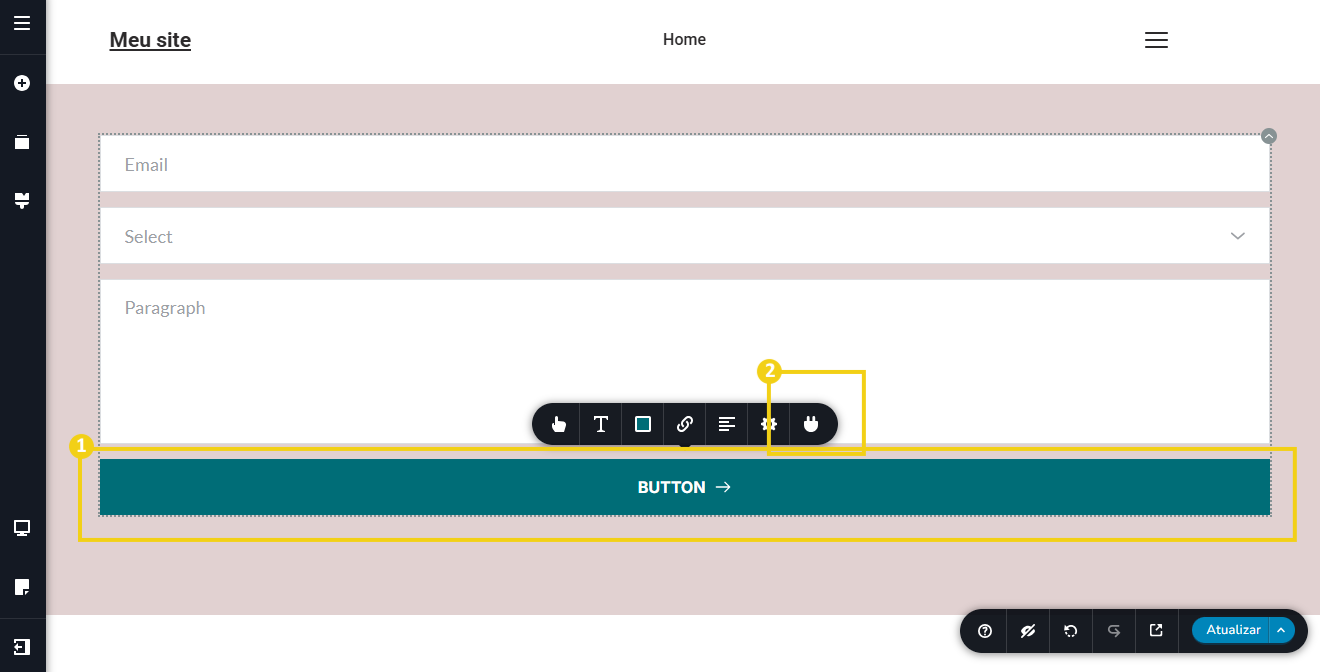 Imagem mostra a tela do editor do Criador de Sites, com marcação no ícone de integração