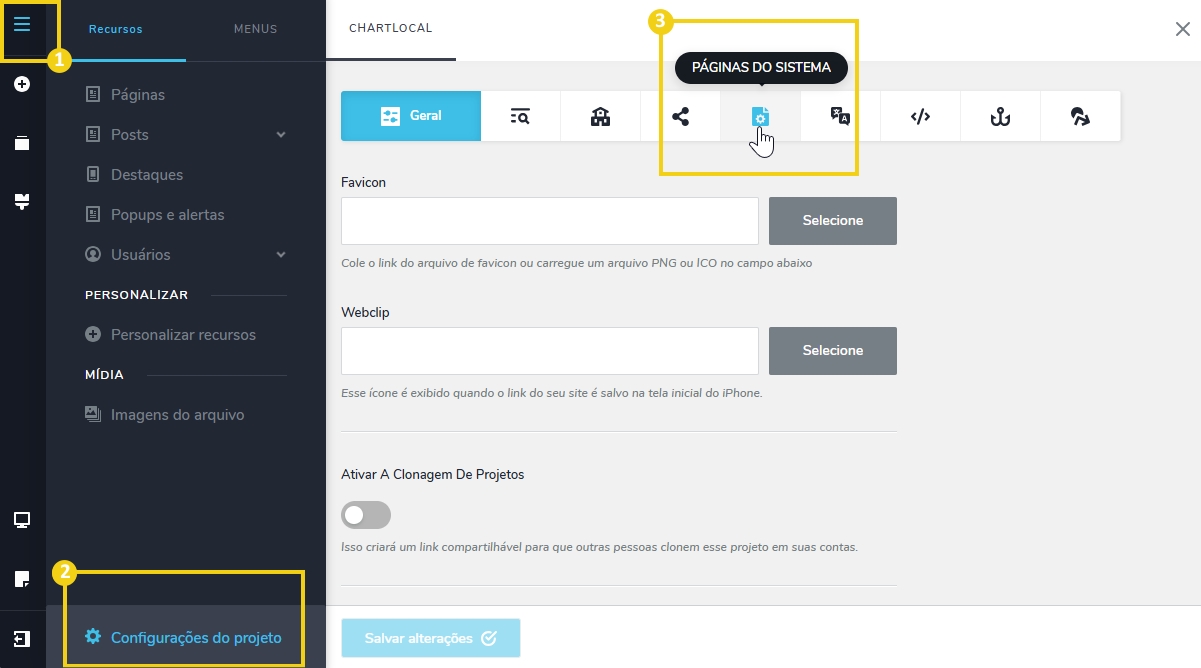 Imagem mostra a tela do editor do Criador de Sites com a marcação no menu lateral no ícone de três linhas, em seguida em "Configurações do Projeto" e para acessar as páginas do sistema, a marcação no ícone de engrenagem