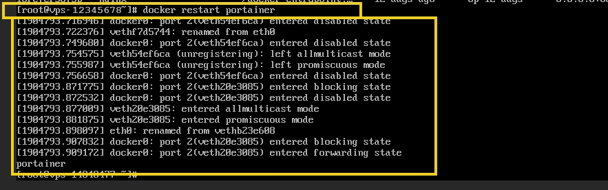 Imagem de terminal de comando exibindo a execução do comando 'docker restart portainer', relacionado à administração de containers Docker.