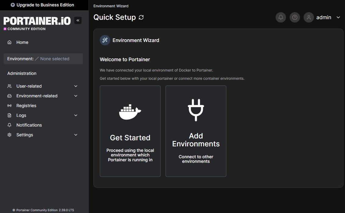 Interface do Portainer.io mostrando opções para iniciar ou adicionar ambientes na configuração do ambiente Docker.