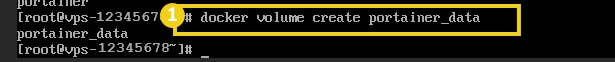 Captura de tela do comando Docker para criar um volume chamado portainer_data no terminal Linux, facilitando o armazenamento de dados do Portainer