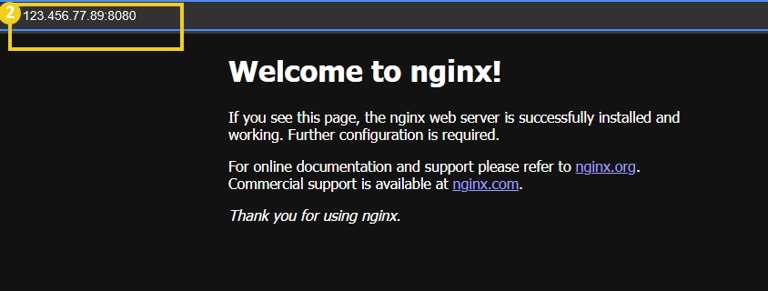 Tela de boas-vindas do servidor nginx mostrando o endereço IP 123.456.77.89 na barra superior e mensagem de configuração bem-sucedida.