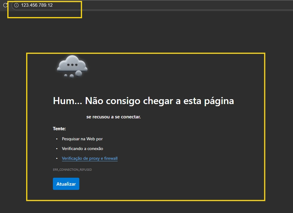 Imagem mostrando erro de conexão na página da web, com mensagem 'Hum... Não consigo chegar a esta página', e indicando tentativas de solução, como verificar conexão e proxy.
