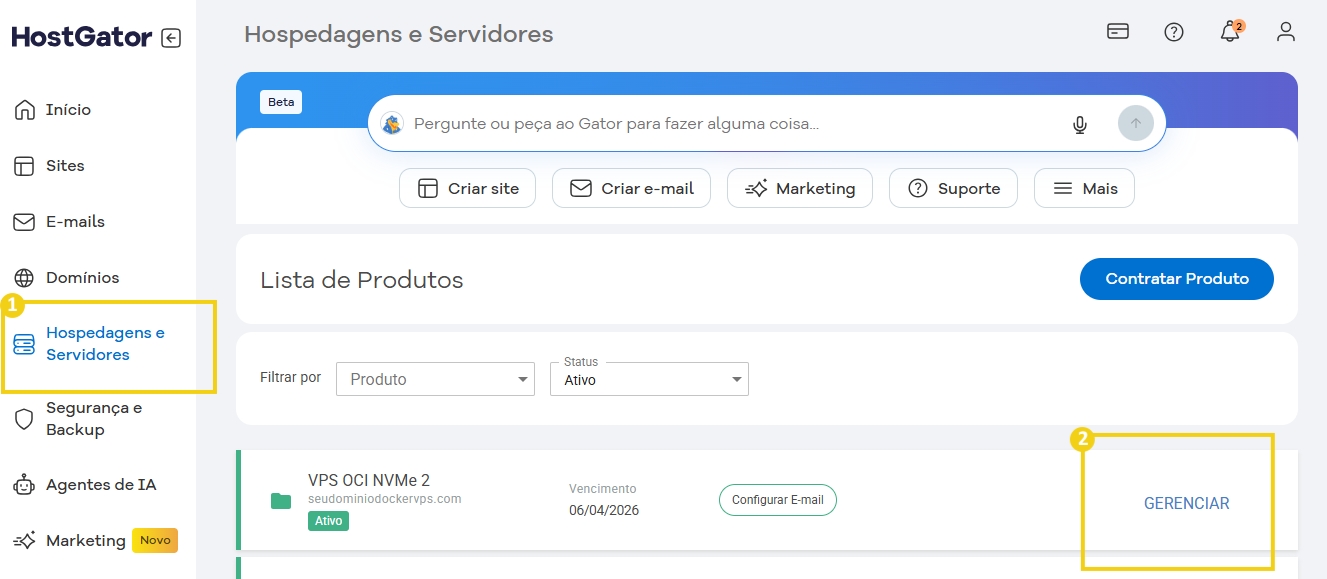 Imagem do painel de controle do HostGator mostrando gerenciamento de hospedagens e servidores, com destaque para as opções de criação de site, e-mail e marketing.