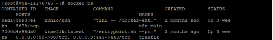 imagem do terminal ssh, com retorno ao comando docker ps, mostrando status e data de criação de n8n e traefik
