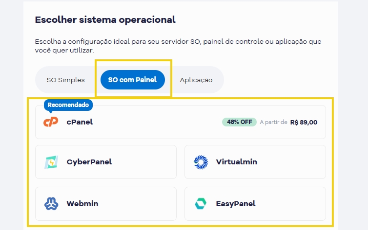 Imagem mostra a opção de contratar a VPS com o painel de controle cPanel