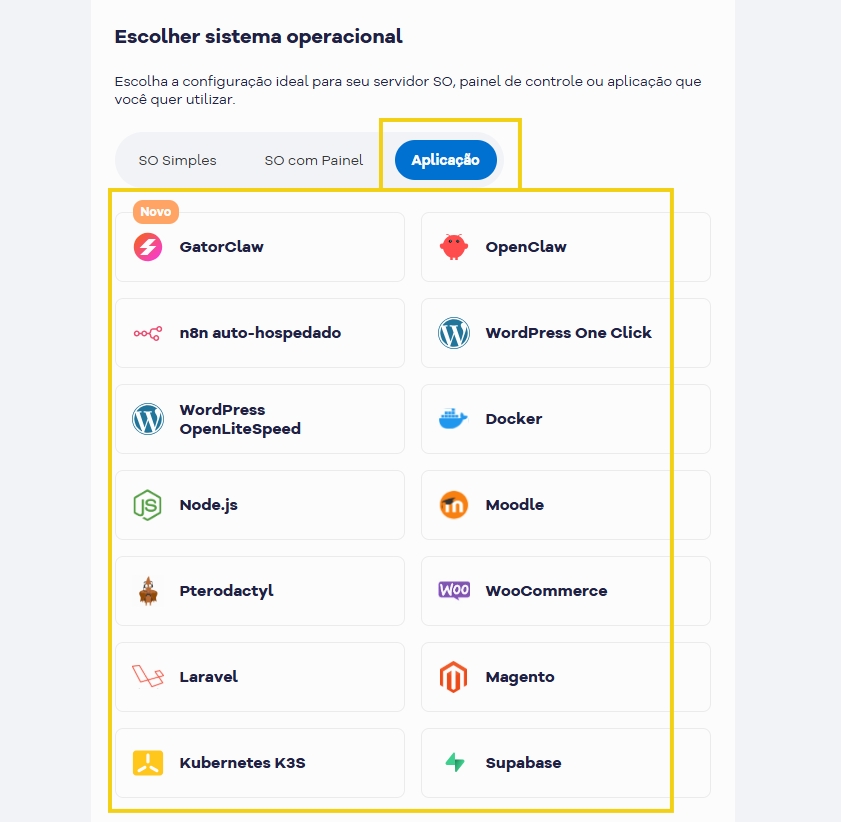 Imagem mostra a opção de contratar a VPS com a aplicação que deseja