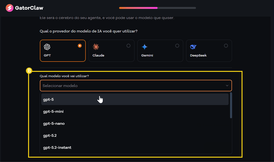 Imagem ilustrativa relacionada ao GatorClaw, mostrando opções de modelos de IA como GPT, Claude, Gemini e DeepSeek, usada para seleção de modelos de AI.