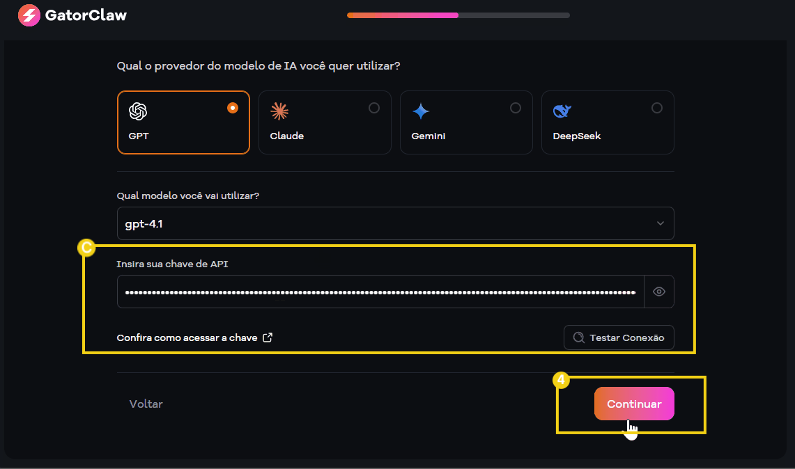 Imagem de um sistema de configuração de modelo de inteligência artificial mostrando opções para selecionar o provedor, inserir chave de API e clicar em continuar.