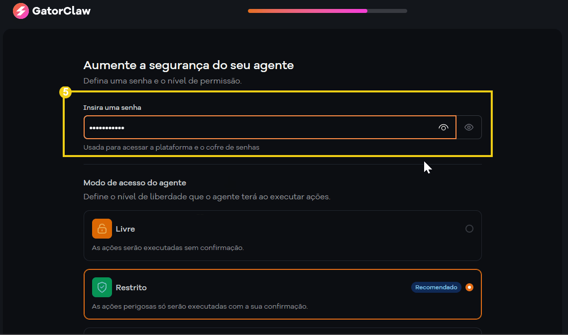 Imagem de uma tela de configuração de segurança online mostrando opções de senha e controle de acesso para aumentar a segurança do seu agente.