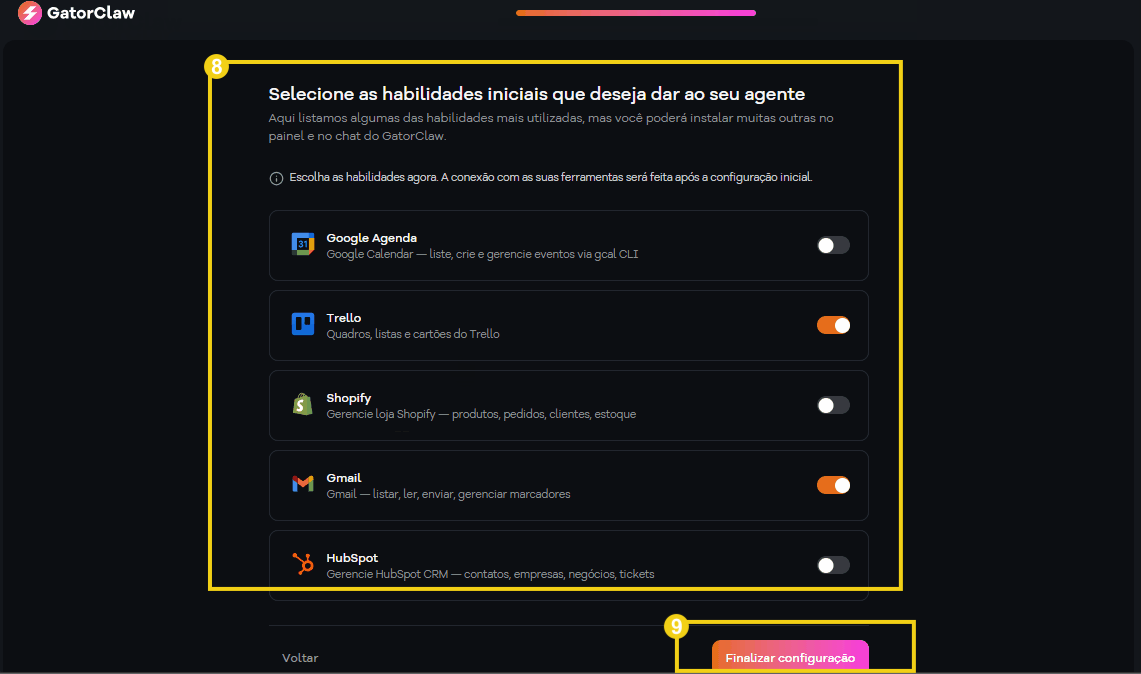 Imagem ilustrativa do processo de configuração de habilidades iniciais para um agente no GatorClaw, destacando opções como Trello, Gmail, Google Agenda, Shopify e HubSpot.