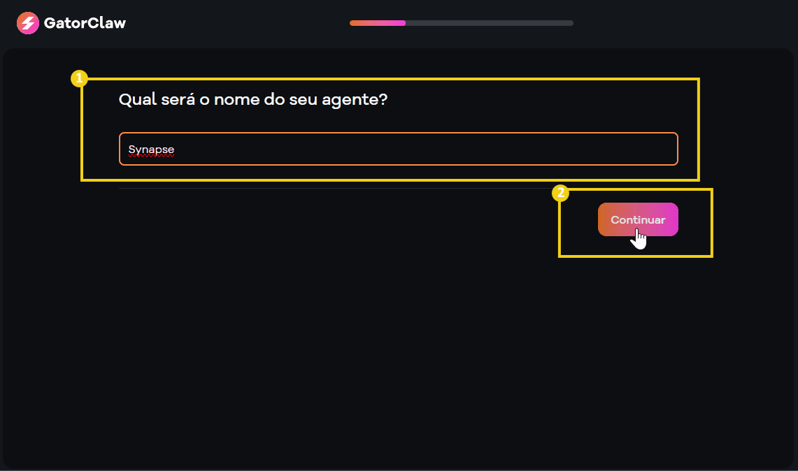 Imagem de uma tela de cadastro para um agente, com a pergunta 'Qual será o nome do seu agente?' e o nome 'Synapse' preenchido, promovendo a palavra-chave GatorClaw.
