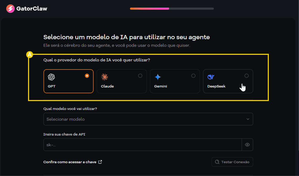 Imagem mostrando a seleção de modelos de IA para uso em um agente, incluindo GPT, Claude, Gemini e DeepSeek, com destaque para o DeepSeek.