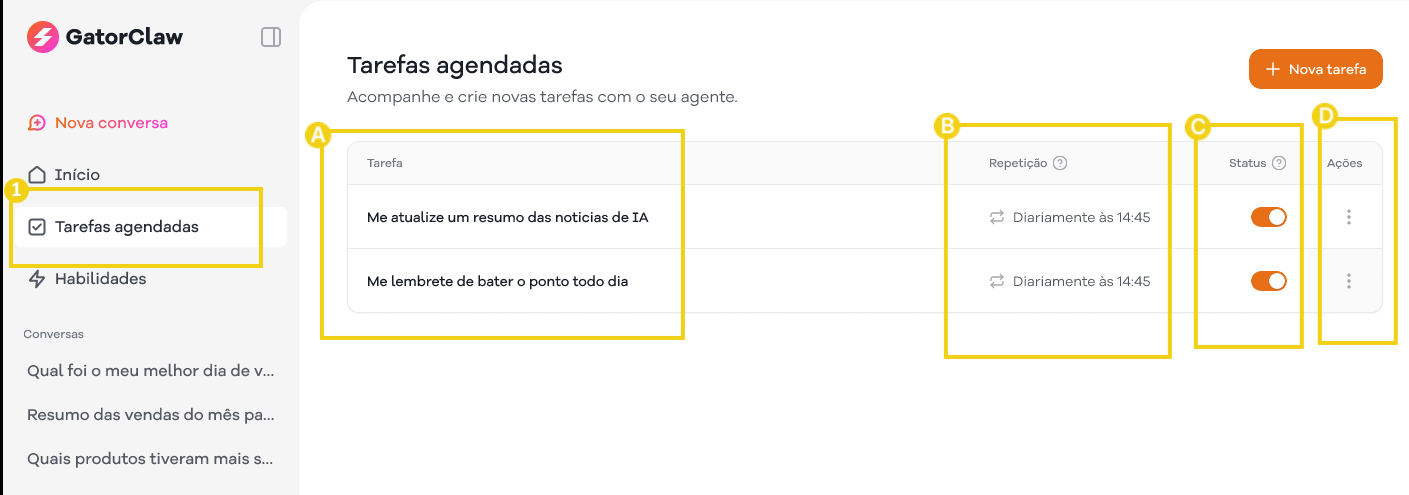 Imagem de uma tela de gerenciamento de tarefas no GatorClaw, mostrando lista de tarefas, horários de lembranças e opções de ações.