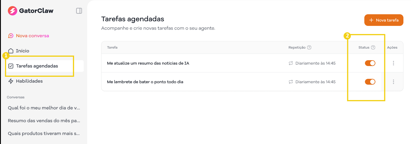 Imagem de uma tela de gerenciamento de tarefas, mostrando uma lista de tarefas agendadas para acompanhamento e criação de novas tarefas.