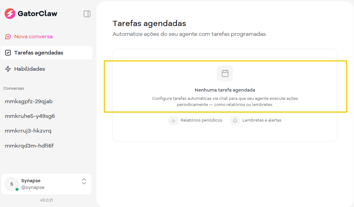 Tela da plataforma GatorClaw mostrando a seção de tarefas agendadas, onde não há tarefas programadas no momento. Interface limpa e intuitiva para gerenciamento de ações.