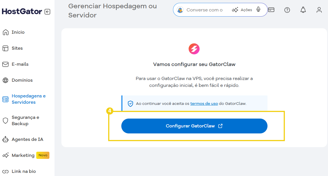 Tela de configuração do método HostGator para gerenciar hospedagem ou servidor usando o GatorClaw, uma ferramenta rápida e fácil de usar.