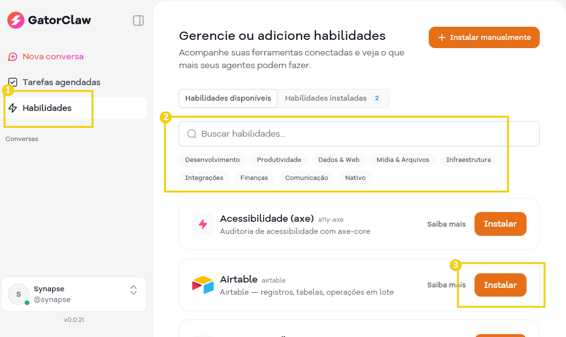 Imagem de uma plataforma de gerenciamento de habilidades, mostrando opções de habilidades disponíveis e instaladas, com destaque para os botões de instalação de plugins.