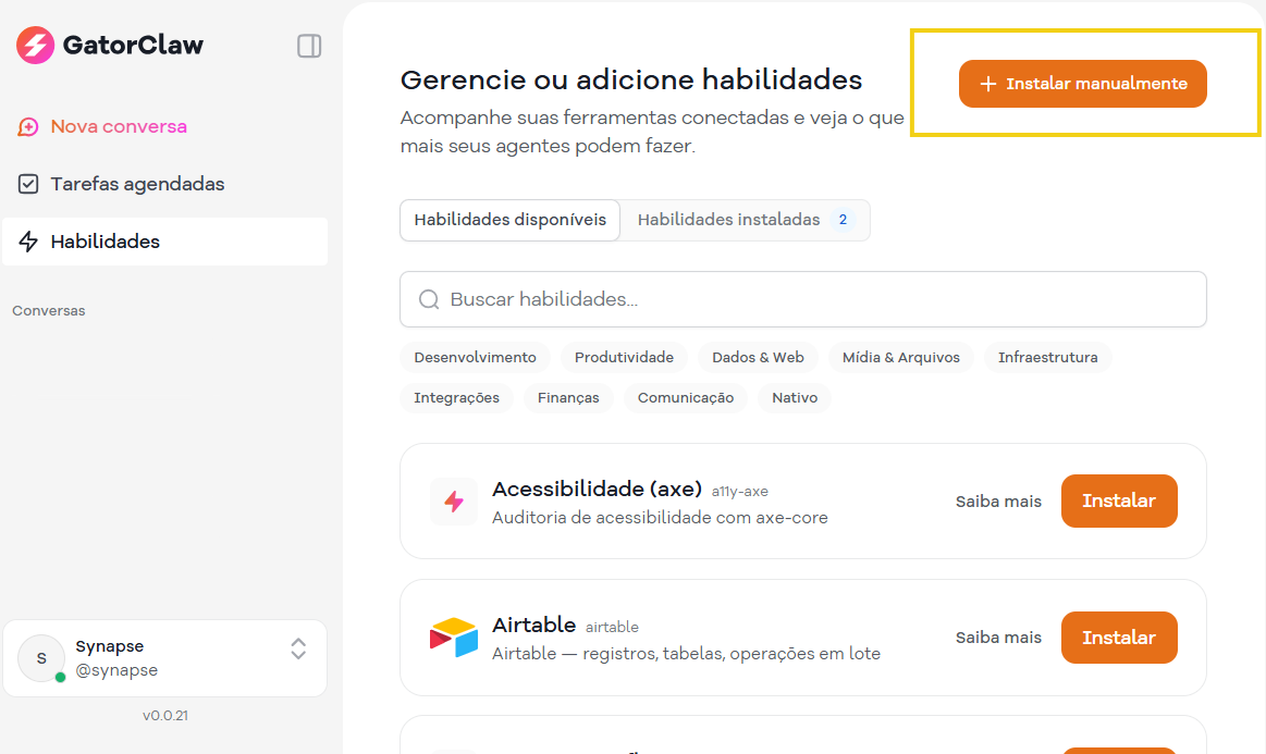 Imagem de uma plataforma de gerenciamento de habilidades, mostrando opções de habilidades disponíveis e instaladas, com destaque para os botões de instalação de plugins.