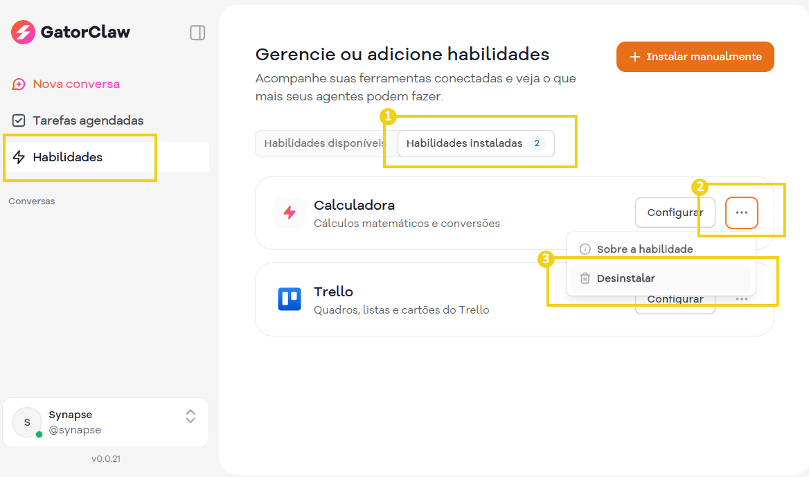 Imagem ilustrativa da interface da ferramenta GatorClaw mostrando gestão de habilidades, instalação e configuração de aplicativos como Calculadora e Trello para otimização de tarefas.