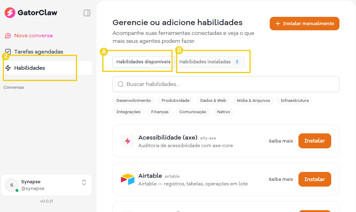 Imagem de uma plataforma de gerenciamento de habilidades, mostrando opções de habilidades disponíveis e instaladas, com destaque para os botões de instalação de plugins.