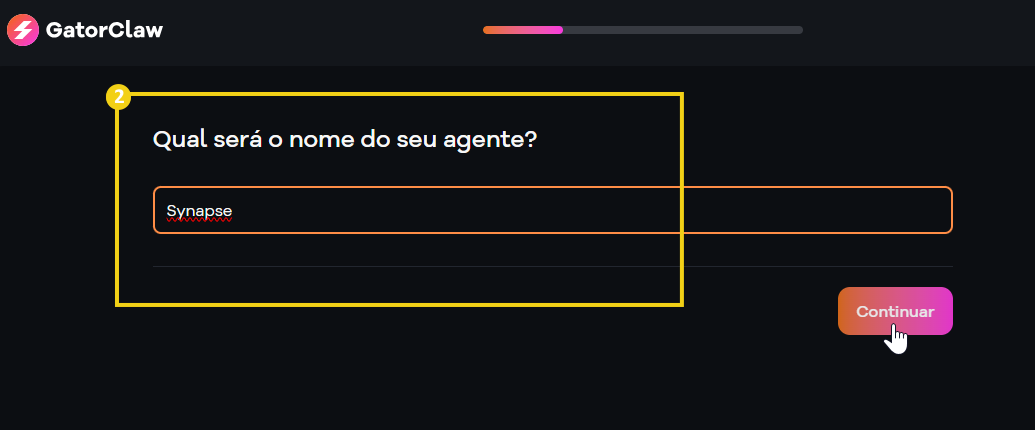Imagem de uma tela de cadastro para um agente, com a pergunta 'Qual será o nome do seu agente?' e o nome 'Synapse' preenchido, promovendo a palavra-chave GatorClaw.