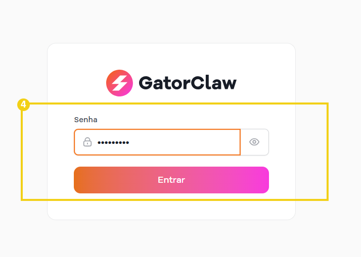 Tela de login do site GatorClaw, com espaço para inserir senha e botão de entrar, com fundo escuro e destaque em cores vibrantes.