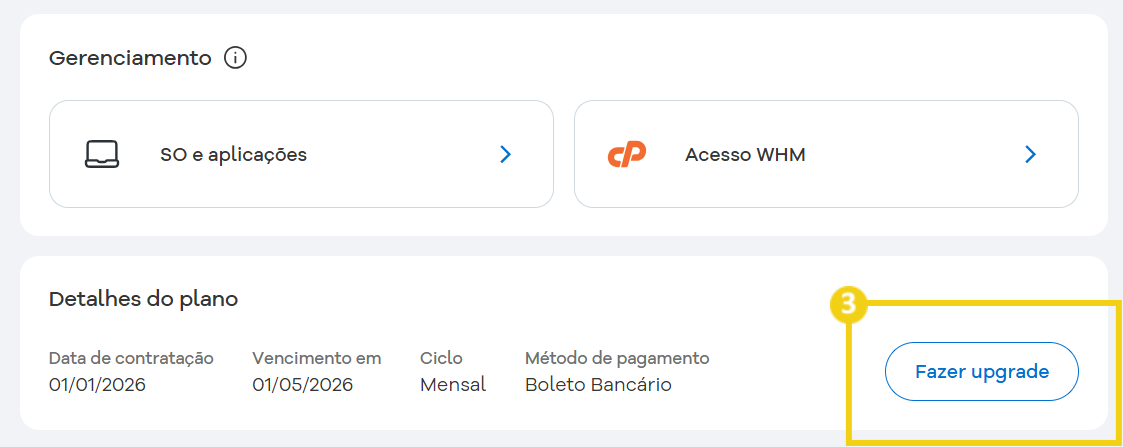 Imagem mostra a tela de gerenciamento do plano VPS e na seção "Detalhes do plano", o botão "Fazer upgrade", que deve ser clicado para acessar essa área