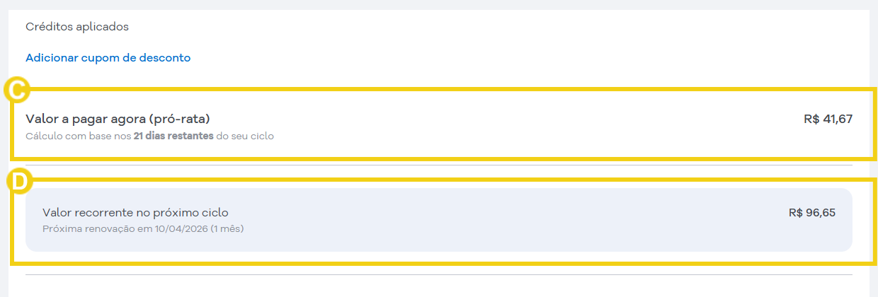 Imagem mostra os detalhes sobre o upgrade, com informações dos valores