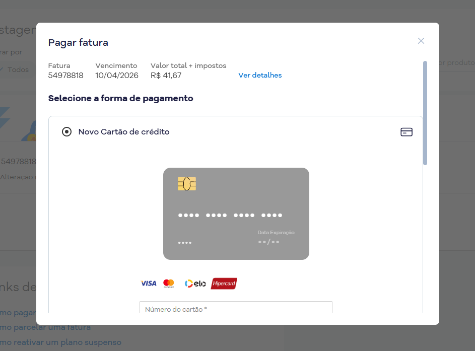 Imagem mostra a tela de pagamento da fatura