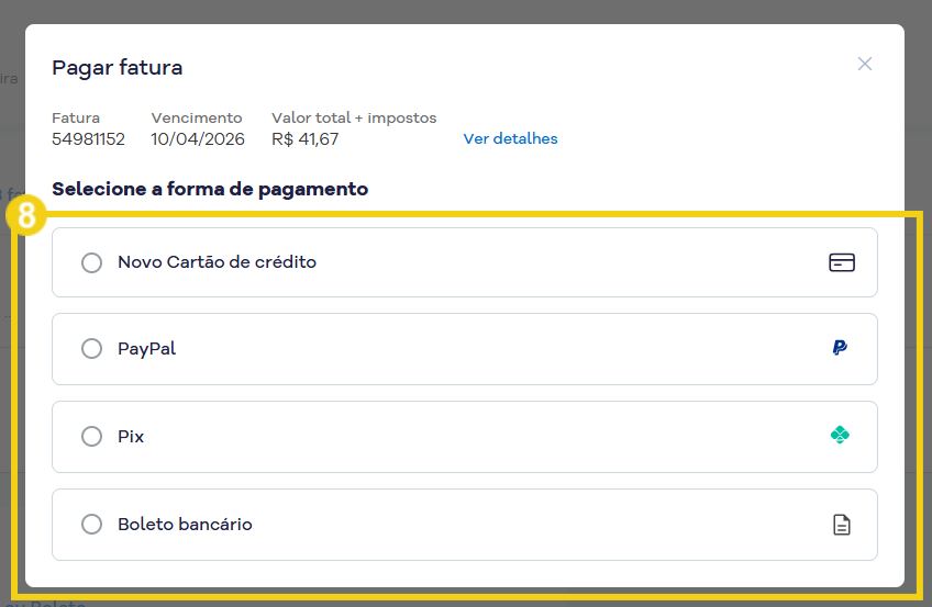 Imagem mostra a tela de pagamento da fatura