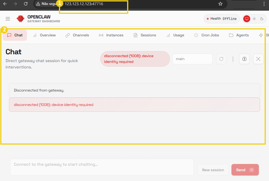 Imagem da interface de um painel de controle de gateway de chat com mensagens de erro de desconexão, exibindo notificações de dispositivos sem conexão.
