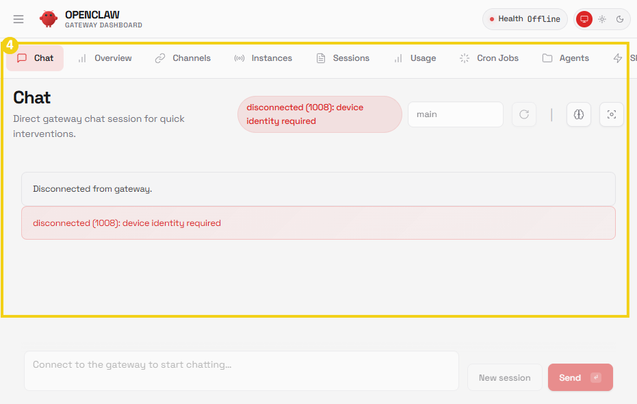Imagem da interface de um painel de controle de gateway de chat com mensagens de erro de desconexão, exibindo notificações de dispositivos sem conexão.