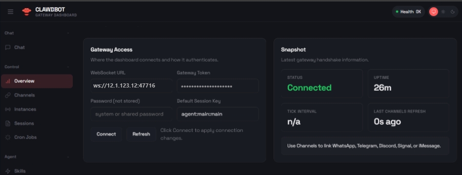 Imagem mostrando uma interface de dashboard de conexão com detalhes como Gateway Access, Status, Tempo de Conexão e canais utilizados, evidenciando controle e monitoramento de acessos.