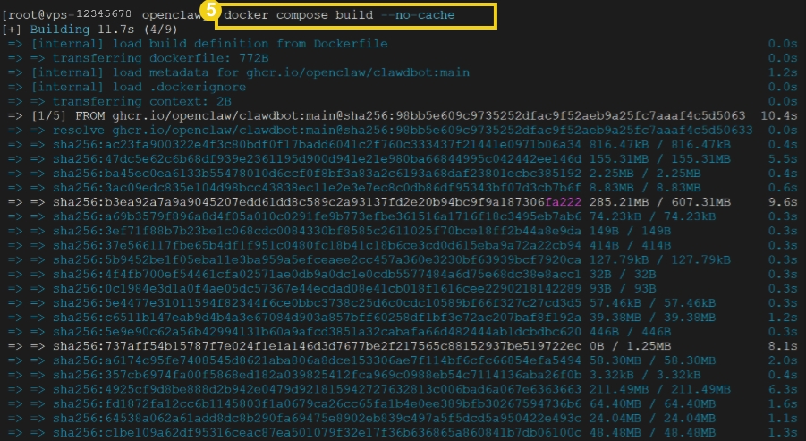 Imagem de um terminal exibindo comandos Docker, incluindo build de uma imagem usando Docker Compose. O foco está no comando 'docker compose build --no-cache' destacado em amarelo para otimização de build.