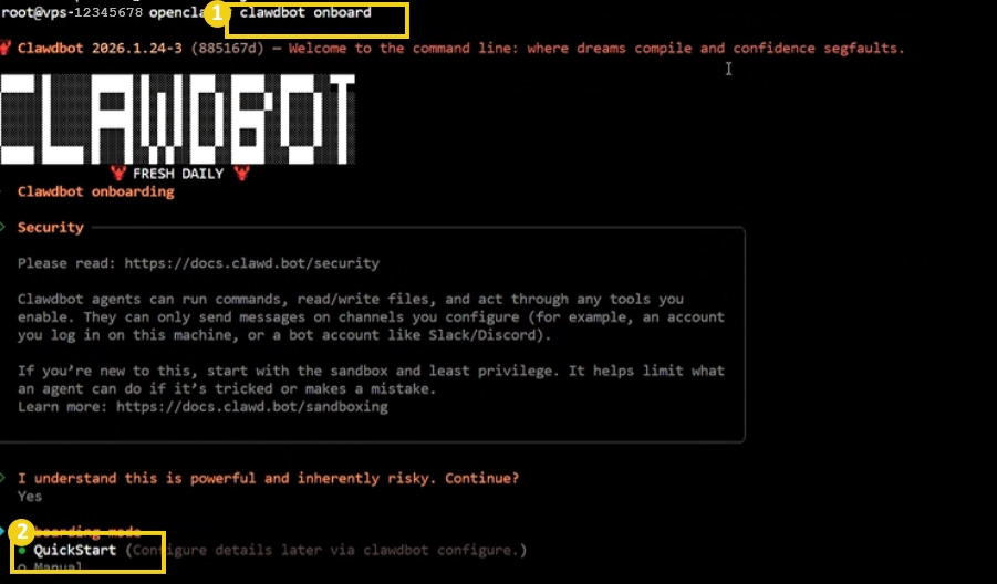 Imagem de uma interface de comando do ClawBot on board, destacando instruções de inicialização e configurações de segurança. Ideal para quem busca informações sobre robotização e inteligência artificial.