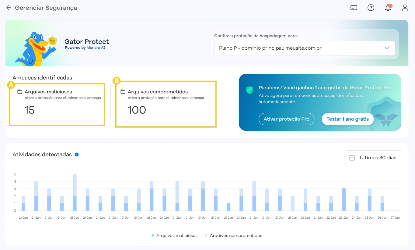 Tela de proteção contra ameaças digitais com opções de gerenciamento de arquivos maliciosos e comprometidos, destacando recursos de segurança digital avançada.