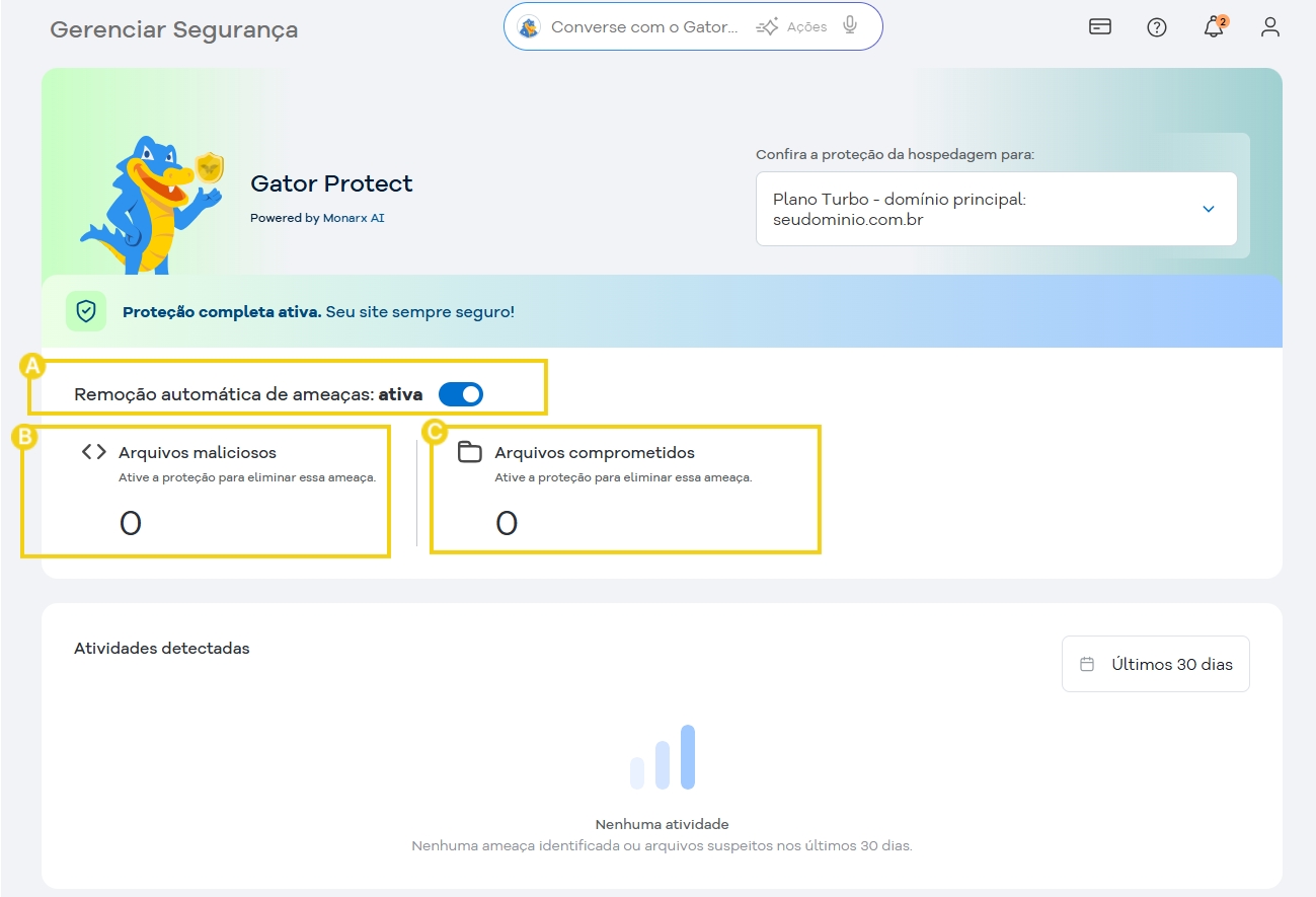 Tela de gerenciamento de segurança no Gator Protect, destaque para função de remoção automática de ameaças ativada, protegendo o site contra ameaças online.