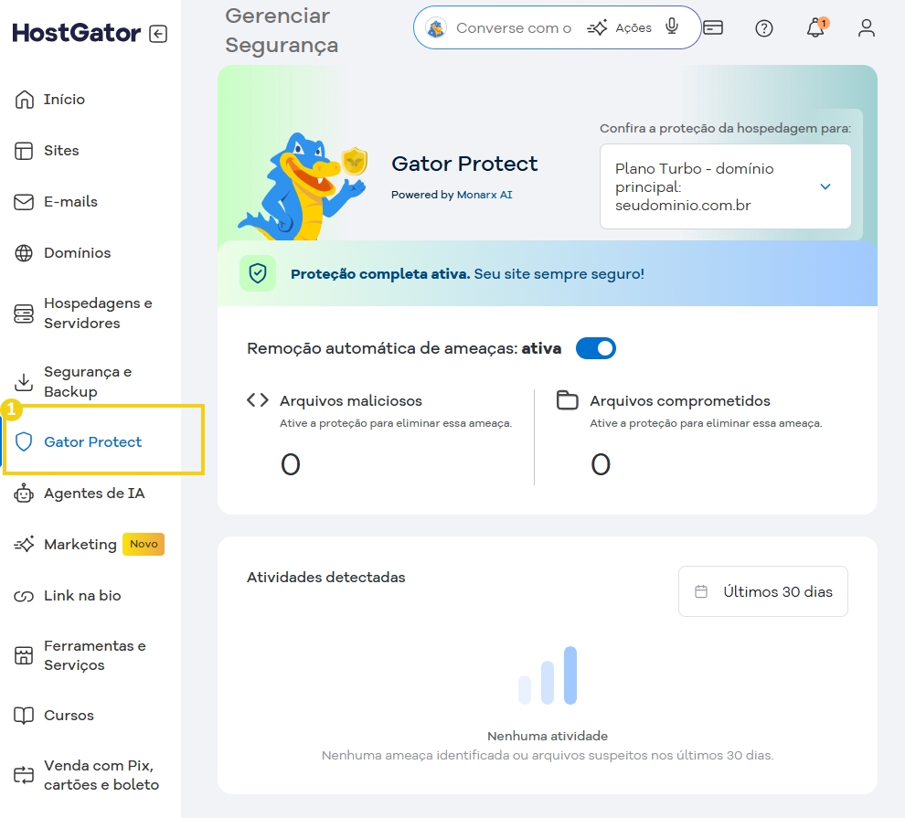Imagem da tela do painel de controle do Gator Protect, sistema de segurança de hospedagem que garante proteção automática contra ameaças e ataques cibernéticos.