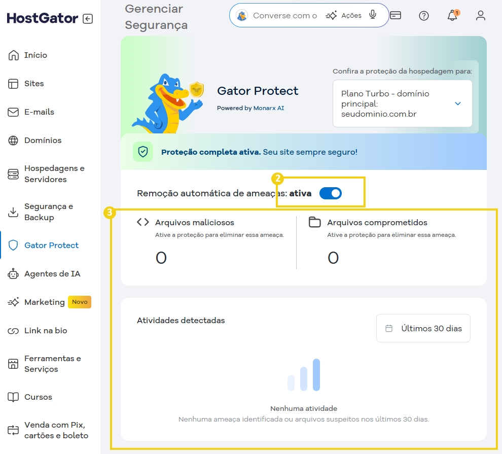 Tela de gerenciamento de segurança no Gator Protect, destaque para função de remoção automática de ameaças ativada, protegendo o site contra ameaças online.
